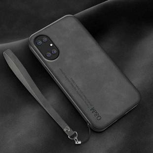 For Huawei P50 Lamba Skin Feel Leather Back Phone Case with Strap(Dark Grey)