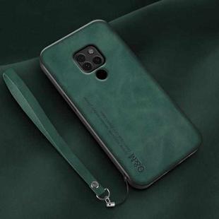 For Huawei Mate 20 Lamba Skin Feel Leather Back Phone Case with Strap(Deep Green)