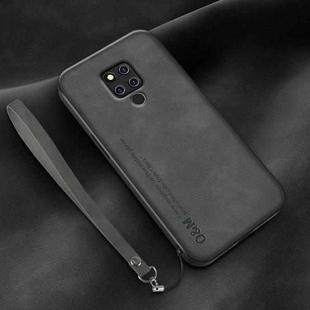 For Huawei Mate 20 X Lamba Skin Feel Leather Back Phone Case with Strap(Dark Grey)