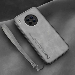 For Huawei Mate 30 Lamba Skin Feel Leather Back Phone Case with Strap(Space Grey)
