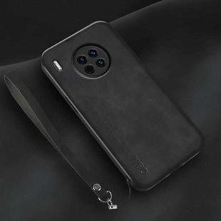 For Huawei Mate 30 Lamba Skin Feel Leather Back Phone Case with Strap(Black)