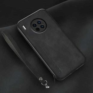 For Huawei Mate 30 Pro Lamba Skin Feel Leather Back Phone Case with Strap(Black)