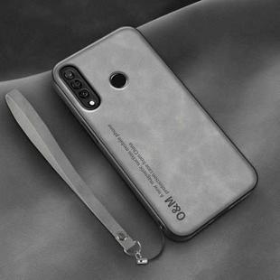 For Huawei nova 4e Lamba Skin Feel Leather Back Phone Case with Strap(Space Grey)