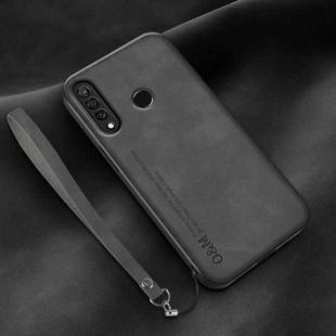 For Huawei nova 4e Lamba Skin Feel Leather Back Phone Case with Strap(Dark Grey)