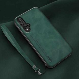 For Huawei nova 5 Lamba Skin Feel Leather Back Phone Case with Strap(Deep Green)