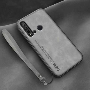 For Huawei nova 5i Lamba Skin Feel Leather Back Phone Case with Strap(Space Grey)