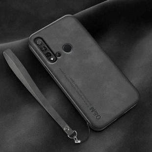 For Huawei nova 5i Lamba Skin Feel Leather Back Phone Case with Strap(Dark Grey)