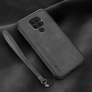 For Huawei nova 5i Pro Lamba Skin Feel Leather Back Phone Case with Strap(Dark Grey)