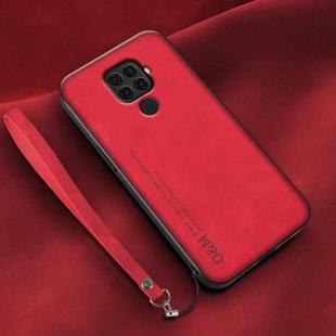 For Huawei nova 5i Pro Lamba Skin Feel Leather Back Phone Case with Strap(Red)