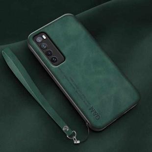For Huawei nova 7 Lamba Skin Feel Leather Back Phone Case with Strap(Deep Green)