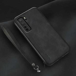 For Huawei nova 7 SE Lamba Skin Feel Leather Back Phone Case with Strap(Black)
