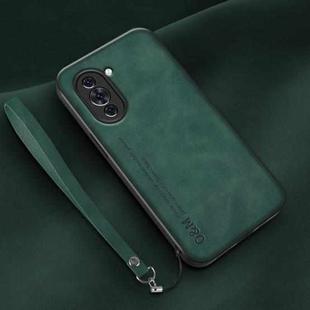 For Huawei nova 10 Lamba Skin Feel Leather Back Phone Case with Strap(Deep Green)