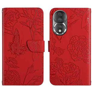 For Honor 80 HT03 Skin Feel Butterfly Embossed Flip Leather Phone Case(Red)