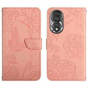 For Honor 80 HT03 Skin Feel Butterfly Embossed Flip Leather Phone Case(Pink)