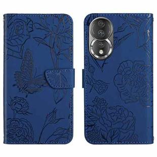 For Honor 80 HT03 Skin Feel Butterfly Embossed Flip Leather Phone Case(Blue)