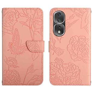 For Honor 80 Pro HT03 Skin Feel Butterfly Embossed Flip Leather Phone Case(Pink)