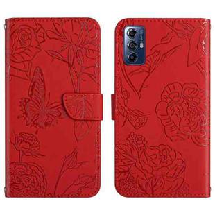 For Motorola Moto G Play 2023 HT03 Skin Feel Butterfly Embossed Flip Leather Phone Case(Red)