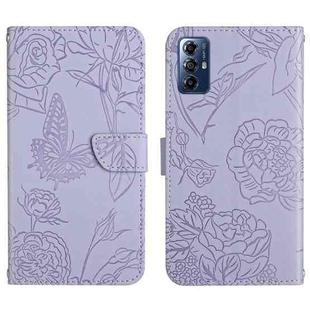 For Motorola Moto G Play 2023 HT03 Skin Feel Butterfly Embossed Flip Leather Phone Case(Purple)