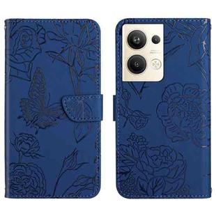 For OPPO Reno9 Pro+ HT03 Skin Feel Butterfly Embossed Flip Leather Phone Case(Blue)