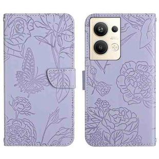 For OPPO Reno9 Pro+ HT03 Skin Feel Butterfly Embossed Flip Leather Phone Case(Purple)