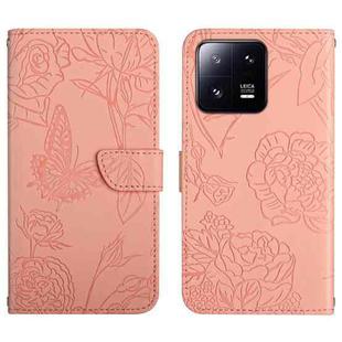 For Xiaomi 13 HT03 Skin Feel Butterfly Embossed Flip Leather Phone Case(Pink)