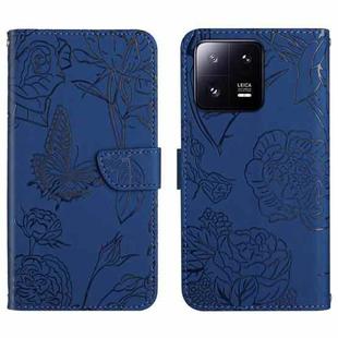 For Xiaomi 13 HT03 Skin Feel Butterfly Embossed Flip Leather Phone Case(Blue)