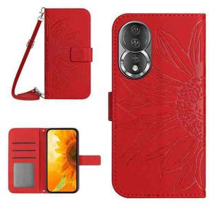 For Honor 80 HT04 Skin Feel Sun Flower Embossed Flip Leather Phone Case with Lanyard(Red)