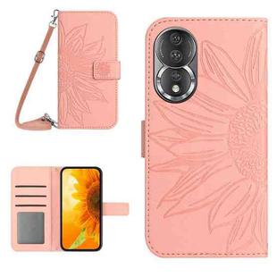 For Honor 80 HT04 Skin Feel Sun Flower Embossed Flip Leather Phone Case with Lanyard(Pink)