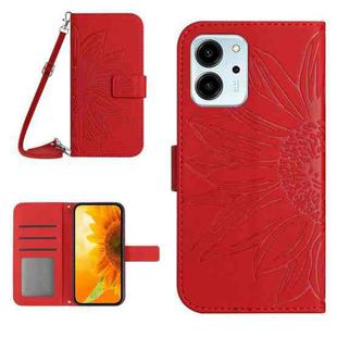 For Honor 80 SE HT04 Skin Feel Sun Flower Embossed Flip Leather Phone Case with Lanyard(Red)