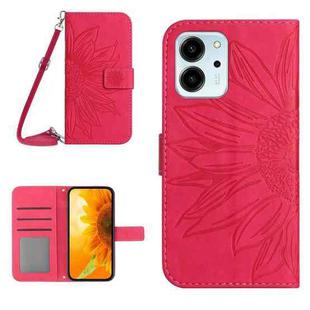 For Honor 80 SE HT04 Skin Feel Sun Flower Embossed Flip Leather Phone Case with Lanyard(Rose Red)