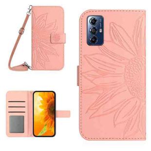 For Motorola Moto G Play 2023 HT04 Skin Feel Sun Flower Embossed Flip Leather Phone Case with Lanyard(Pink)