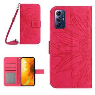 For Motorola Moto G Play 2023 HT04 Skin Feel Sun Flower Embossed Flip Leather Phone Case with Lanyard(Rose Red)