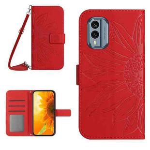 For Nokia X30 HT04 Skin Feel Sun Flower Embossed Flip Leather Phone Case with Lanyard(Red)