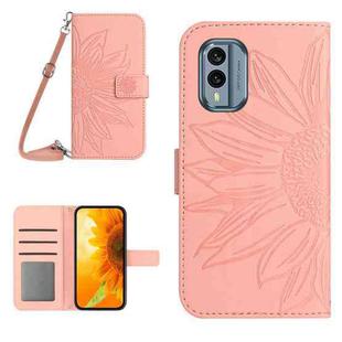 For Nokia X30 HT04 Skin Feel Sun Flower Embossed Flip Leather Phone Case with Lanyard(Pink)