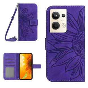 For OPPO Reno9 Pro+ HT04 Skin Feel Sun Flower Embossed Flip Leather Phone Case with Lanyard(Dark Purple)