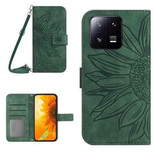 For Xiaomi 13 HT04 Skin Feel Sun Flower Embossed Flip Leather Phone Case with Lanyard(Green)