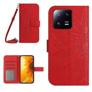 For Xiaomi 13 Pro HT04 Skin Feel Sun Flower Embossed Flip Leather Phone Case with Lanyard(Red)