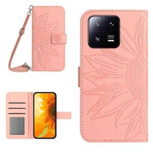 For Xiaomi 13 Pro HT04 Skin Feel Sun Flower Embossed Flip Leather Phone Case with Lanyard(Pink)