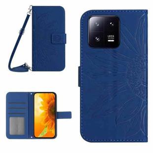 For Xiaomi 13 Pro HT04 Skin Feel Sun Flower Embossed Flip Leather Phone Case with Lanyard(Dark Blue)