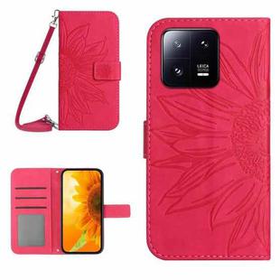 For Xiaomi 13 Pro HT04 Skin Feel Sun Flower Embossed Flip Leather Phone Case with Lanyard(Rose Red)