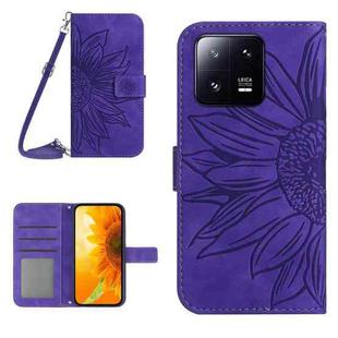 For Xiaomi 13 Pro HT04 Skin Feel Sun Flower Embossed Flip Leather Phone Case with Lanyard(Dark Purple)