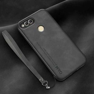 For Honor 7X Lamba Skin Feel Leather Back Phone Case with Strap(Dark Grey)