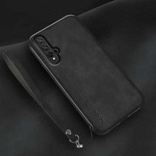 For Honor 20 Lamba Skin Feel Leather Back Phone Case with Strap(Black)