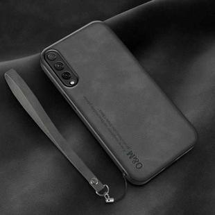 For Honor 20 Lite Lamba Skin Feel Leather Back Phone Case with Strap(Dark Grey)