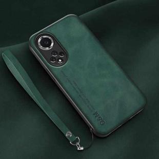 For Honor 50 Lamba Skin Feel Leather Back Phone Case with Strap(Deep Green)