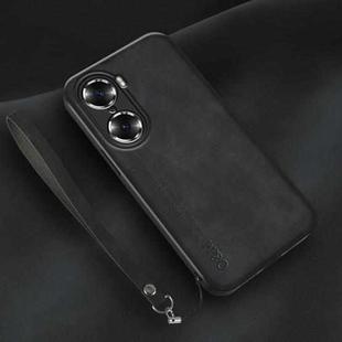 For Honor 60 Lamba Skin Feel Leather Back Phone Case with Strap(Black)