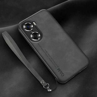 For Honor 60 Pro Lamba Skin Feel Leather Back Phone Case with Strap(Dark Grey)