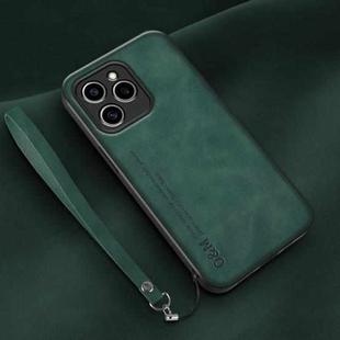 For Honor 60 SE Lamba Skin Feel Leather Back Phone Case with Strap(Deep Green)