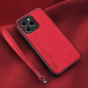 For Honor 60 SE Lamba Skin Feel Leather Back Phone Case with Strap(Red)