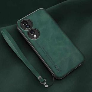 For Honor 70 Lamba Skin Feel Leather Back Phone Case with Strap(Deep Green)